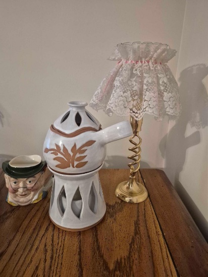 R. Galvan Pottery Pieces, Early Head Lamp, & Small Decor Assortment
