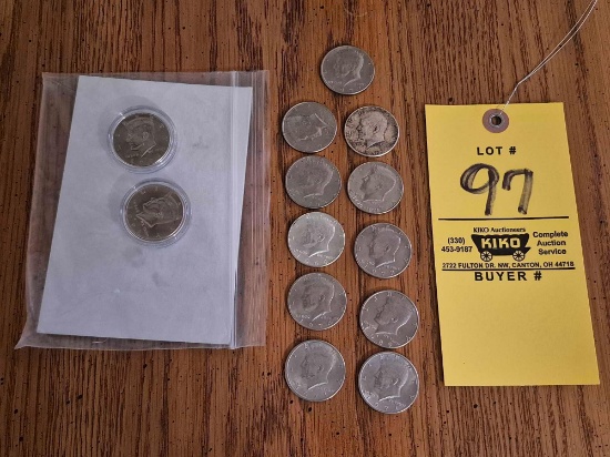 13 Kennedy Half Dollars - 2 Uncirculated in Cases