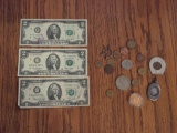 (3) 2 Dollar Bills, First Lady Bicentennial Coin, Lucky Penny, & Buffalo Nickel