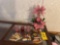 Pink glassware, floral vase, wall decor