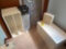 assorted shelving, baby play pen, fan, foam pieces