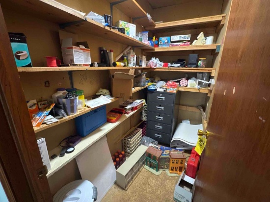 Contents of closet including fisher price toy, early games, Legos, file cabinet, magazines, fluids