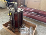 Early primitive metal and amber glass hanging lamp
