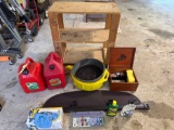Gas Cans, Wood Stand W/Casters,Rags,Oil Pans