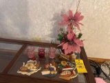 Pink glassware, floral vase, wall decor