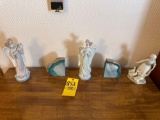 two lladro lady figurines, lady and duck figurines, stone decor