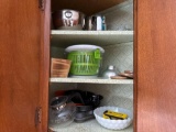 Kitchen lot including salad spinner, coffee pot, bakeware, bowls, corningware, serving pcs, dishes,
