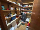 Contents of closet including fisher price toy, early games, Legos, file cabinet, magazines, fluids