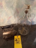 primitive dover electric iron, early one gallon glass jug