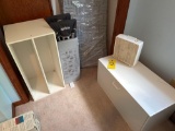 assorted shelving, baby play pen, fan, foam pieces