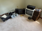 vhs player, dvd player, jvc video camera, panasonic stereo with speakers, tv with vhs player, b&w