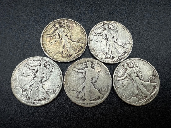 Walking Liberty Half Dollars Assorted Dates bid x 5