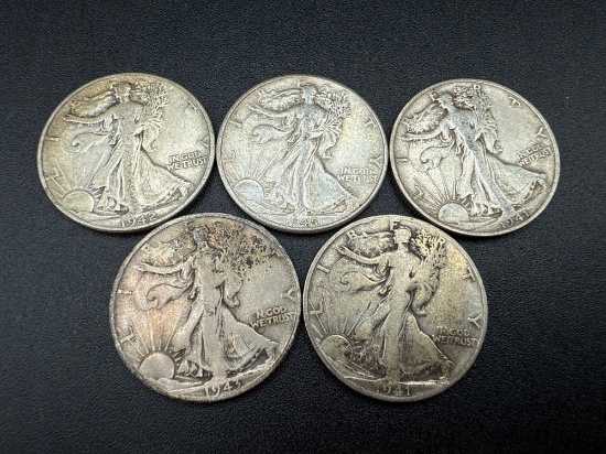 Walking Liberty Half Dollars Assorted Dates bid x 5