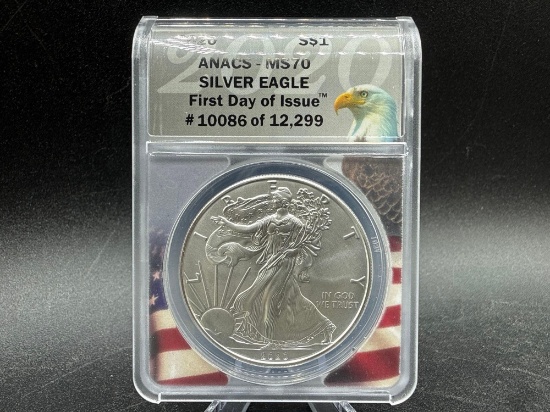 Graded 2020 American Silver Eagle First Day Issue MS70