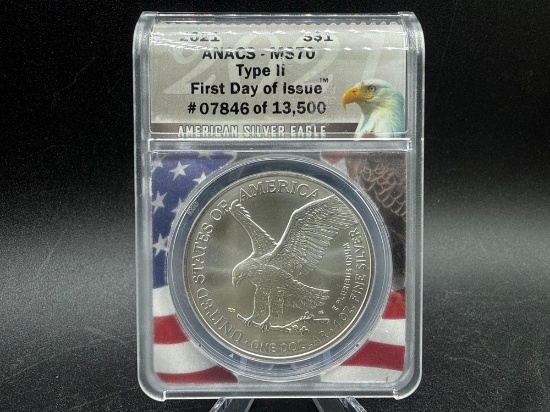 Graded 2021 American Silver Eagle First Day Issue MS70