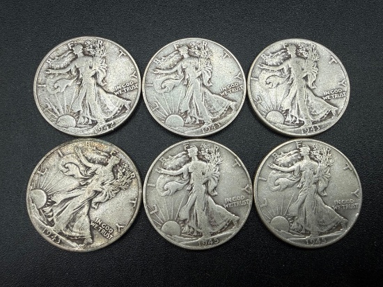 Walking Liberty 1/2 Dollar Assorted Dates Bid x6