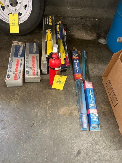 Assorted wiper blades, gas shocks and small fire extinguisher