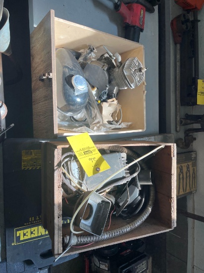 Assorted small engine parts, fuel tank, knee pad