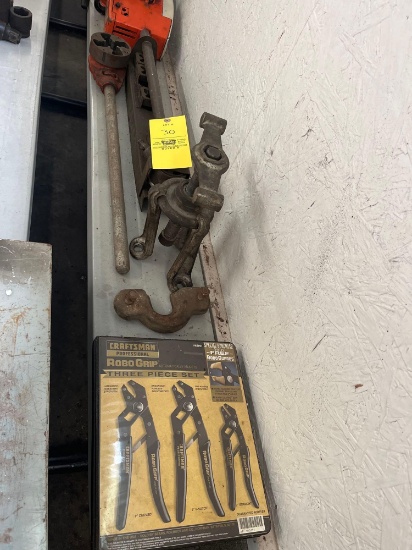 Pipe threader with dies, Craftsman pliers set, small screw stand