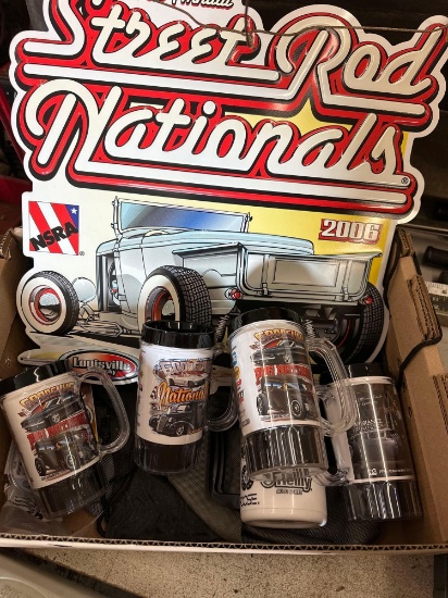 metal Street Rod sign and Good Guys mugs