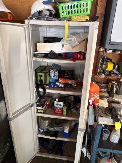Plastic cabinet with contents - Tools, caulking guns, hard hat, lights