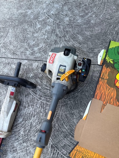 Ryobi weed whip, with hedge trimmer attachment, and 2 extra heads