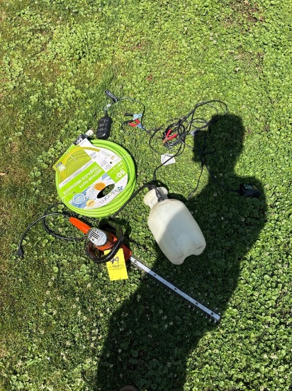 Hedge trimmer, hose, sprayer, battery chargers