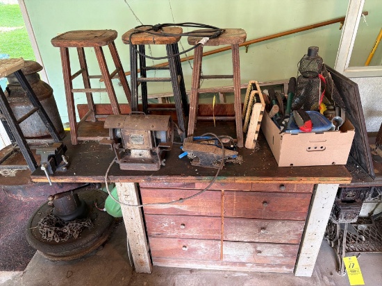 Workbench & Contents - Grinder, Stools, Milk Jug, Tools, & Small Vise