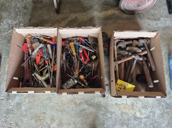 3 Boxes of Assorted Tools - Hammers, Drivers, Snips, Grips, Clamps, & more