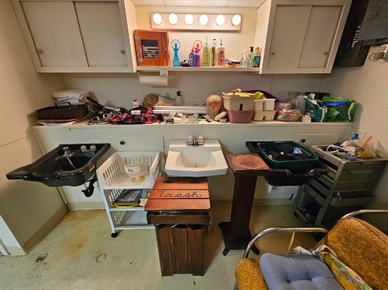 Beauty Parlor Contents - Plastic Carts, Trash Bin, Pedestal Stand, & Cosmetology Items
