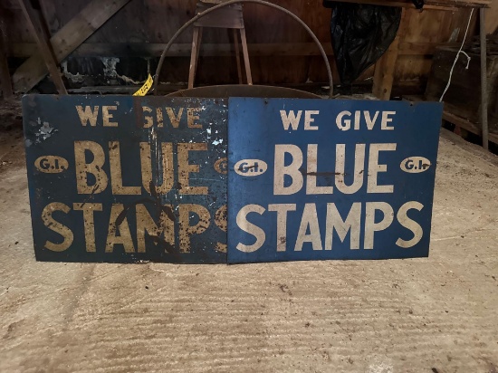 pair of We Give BLUE STAMPS G.I. two sided signs