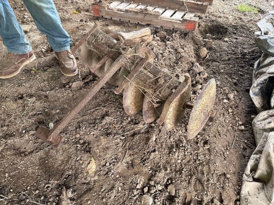 3 pt 2 row ford corn planter, 3pt older sickle bar mower, small single lawn mower disc