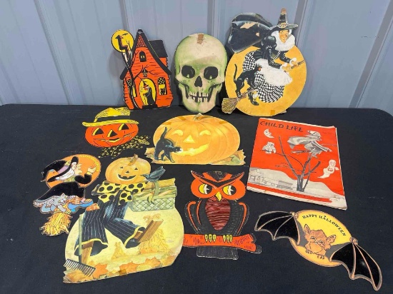 Vintage Cardboard Cut Out Halloween Decorations and Magazine