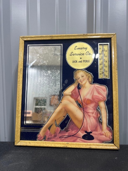 Vintage Emery Service Co Advertising Mirror Thermometer