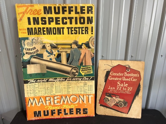 (2) Automotive Paper Advertising Signs, Boston Used Cars, Maremont Mufflers