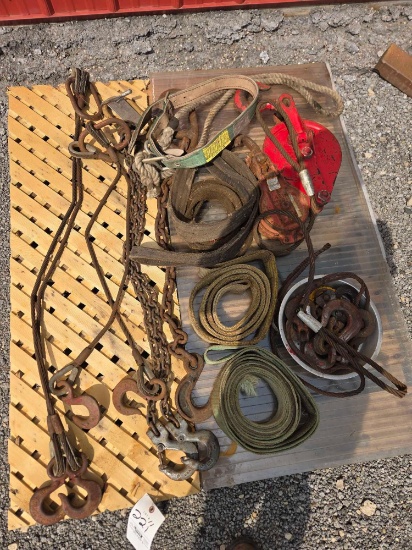 Pallet of Straps, cables, and pulley blocks