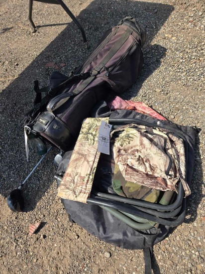 Golf clubs, bag, hunting blind and chairs