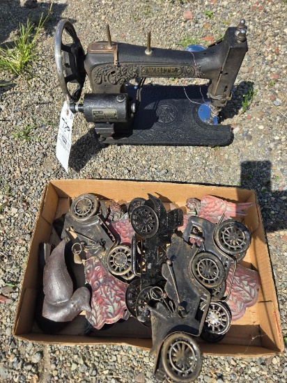 Sewing machine, tin cars