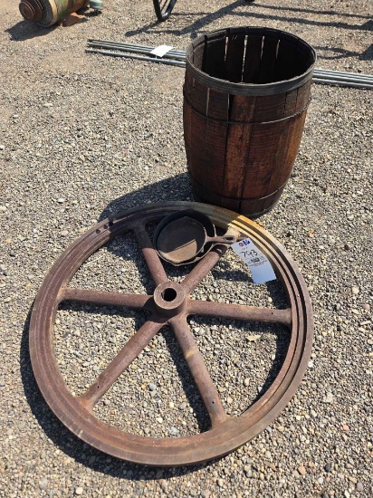 Nail keg, fly wheel, cast iron skillets