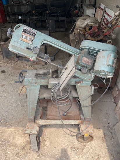 Enco horizontal/vertical band saw on rolling metal cart
