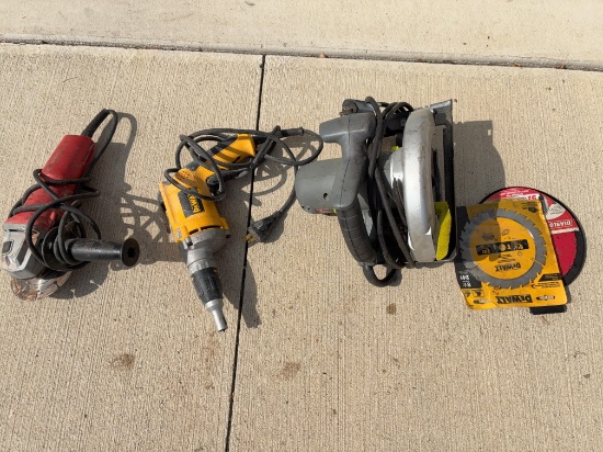 Corded Milwaukee grinder, DeWalt drill, and Craftsman saw