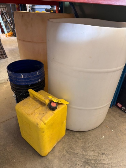 (2) Plastic Drums, Fuel Can, Buckets
