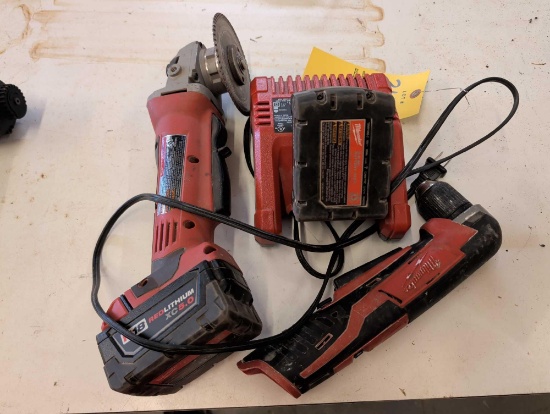 Milwaukee Grinder, Right Angle Drill, Batteries and Charger