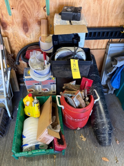 Masonry tools, small shop vac, lanterns, flooring roll, portable air compressor