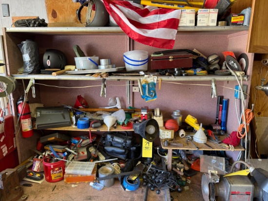 Upper workbench contents - Helmets, welding mask, bungee cords, hand tools, hardware