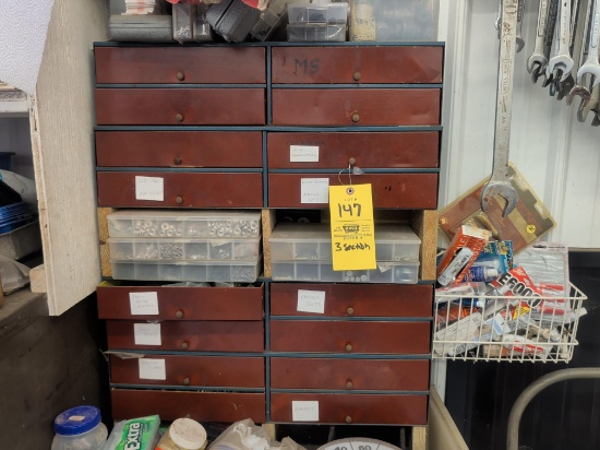 (3) Sections of red metal industrial drawers 25" wide