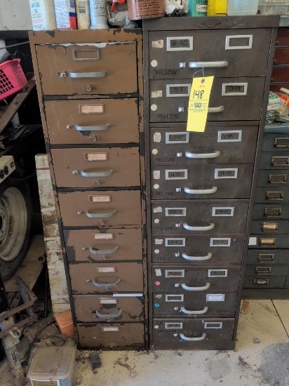 (2) Metal industrial file cabinets, contents, stereo, drill indexes and more!