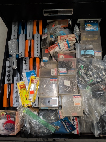 Large fishing lure lot: hooks, lures, line, rod holders, jigs, lead molds and more