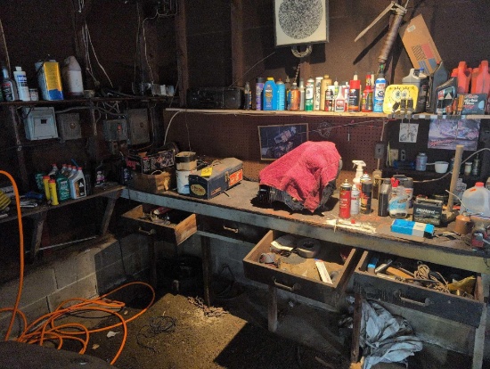Contents of work bench, oils, hardware, wire wheels and more