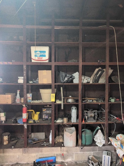 Contents of wall shelf, grinder, power tools